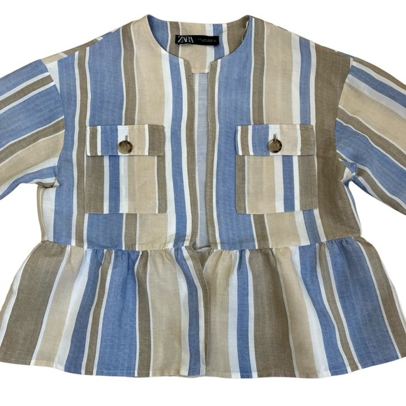 Zara Linen Blend Striped Open Front Blazer Jacket Peplum Hem Boho Spring Sz S - Picture 9 of 16